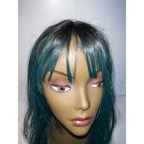 Long Ombre Straight Free Parting Synthetic Wig Two Tone Mix teal Green black NWT - Picture 2 of 12